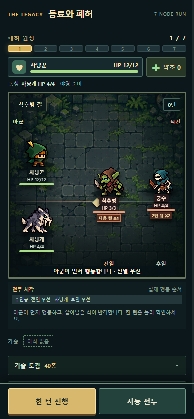 사냥꾼과 사냥개가 왼쪽에서 적의 전열과 후열을 상대하는 전투 화면